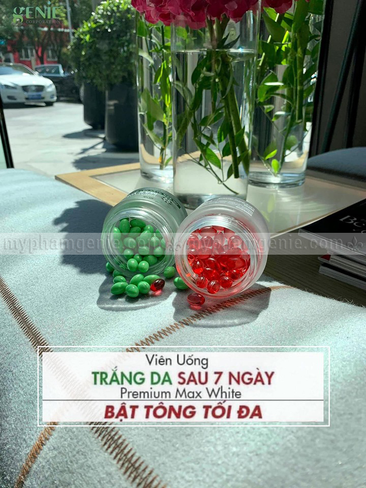 review viên uống trắng da đỏ premium max white genie
